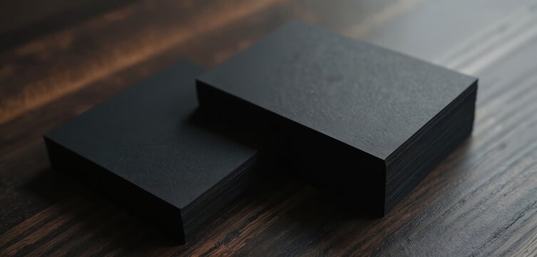 Neat stack of blank black business cards on dark wood surface. Modern template design, premium luxury identity. Minimalist corporate branding, simple elegant professional card detail for advertising, - Powered by Adobe