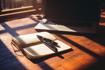 Open notebook, pens, and laptop on a wooden desk, sunlight