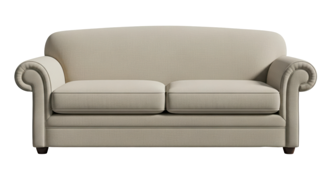 Isolated beige sofa for living room furnishing and home decor design, fabric couch render