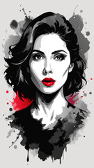 A black-and-white watercolor portrait 