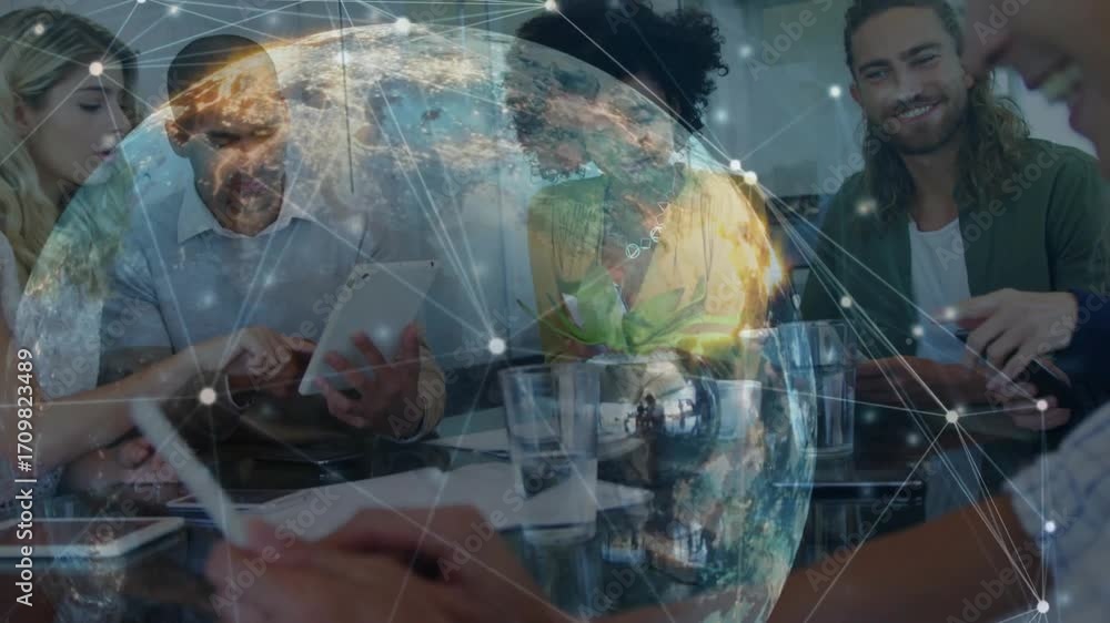 Poster business team gathering around table bringing chart on tablet reviewing pulsing globe for consensus