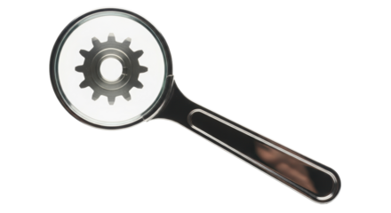 Isolated object of a magnifying glass focusing on a gear part for a mechanical project