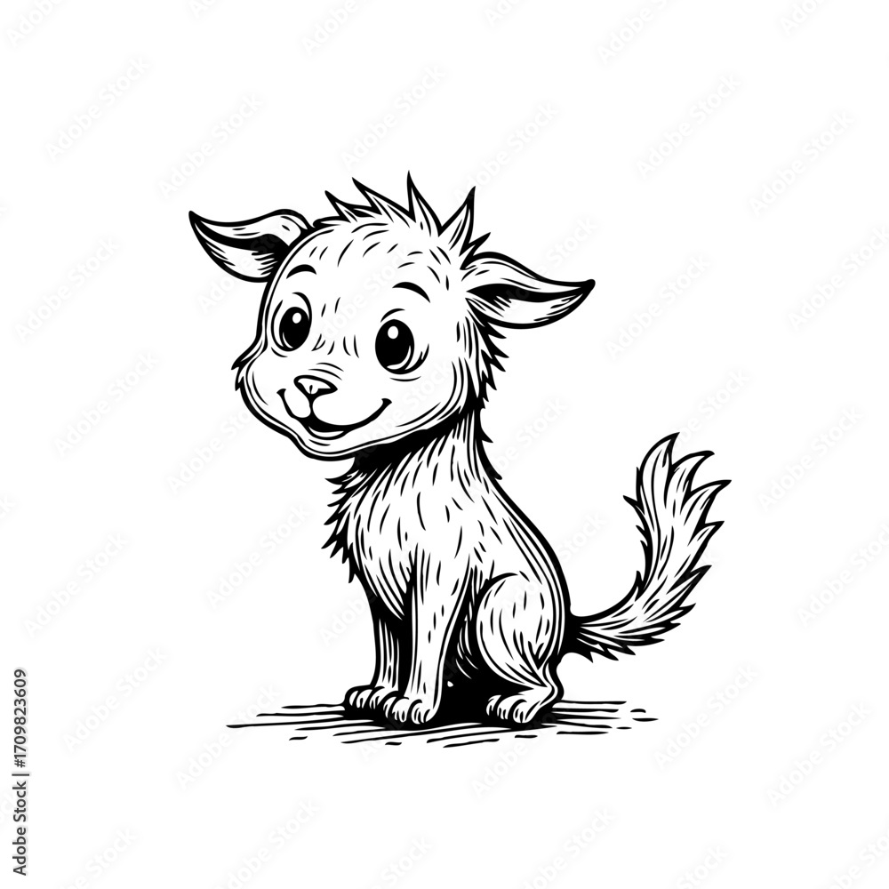 Poster whimsical line drawing of a charming canine creature with a friendly expression suitable for
