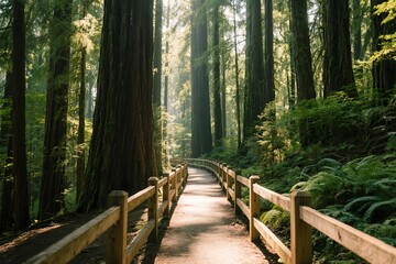 Fototapeta premium A scenic wooden bridge spans a green forest path, a natural walkway among the trees
