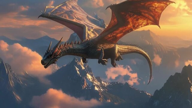 3D Drache, Fantasy, schuppige Textur, fliegend &uuml;ber Bergen, episches Licht, detailliert, fotorealistisch