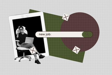 Artwork sketch full 3d collage of businessman businesswoman stand ereader screen new job webpage search cross button employment