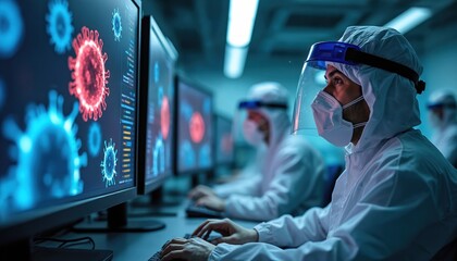 Scientist in protective gear analyzes virus data on multiple computer screens in modern laboratory. Researcher monitors infection patterns on monitors, studying global disease outbreaks, health risks.