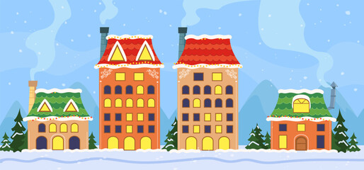 Obraz premium Norwegian holiday houses, winter landscape of a town in the mountains, Christmas illustration, vector holiday houses, winter landscape of a town in the mountains, Christmas illustration, vector flat.