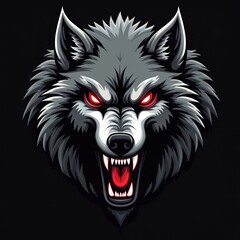 Fierce wolf mascot illustration with glowing red eyes, bared teeth. Art features menacing wolf head with sharp fur details on black background. Ideal for logos, tattoo art, emblems representing