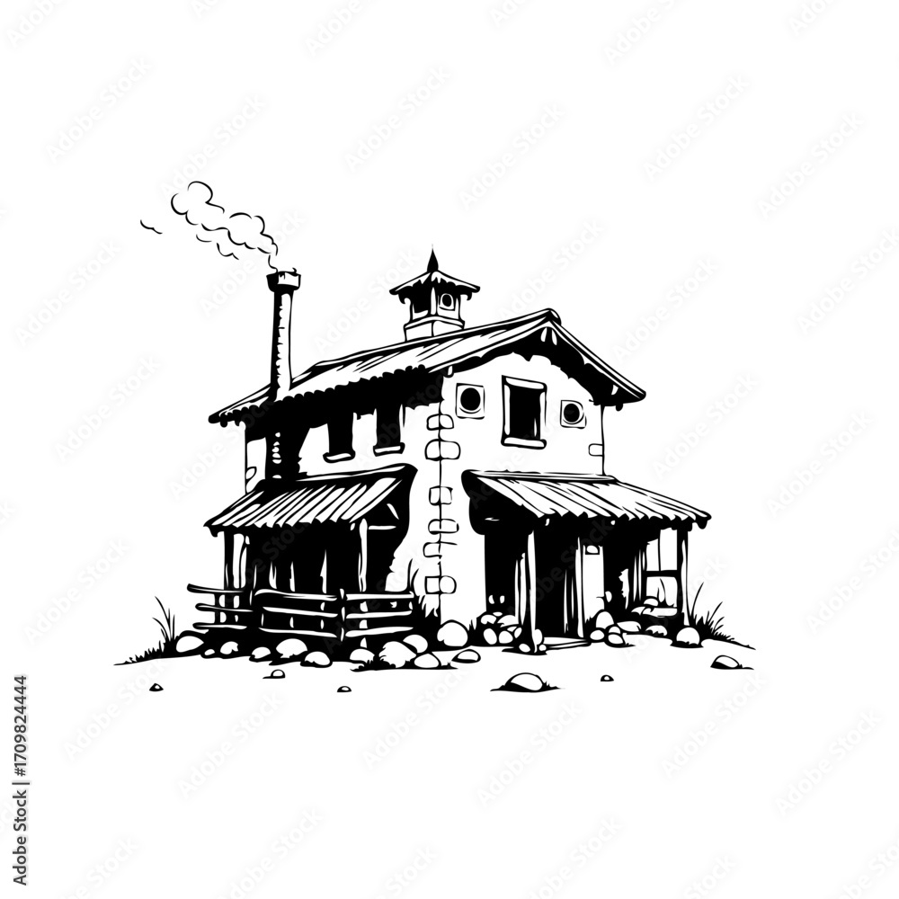 Poster whimsical rendering of a rustic abode, with charming details and quaint architectural design
