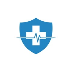 Obraz premium Healthcare logo with shield, medical cross, and heartbeat line in blue