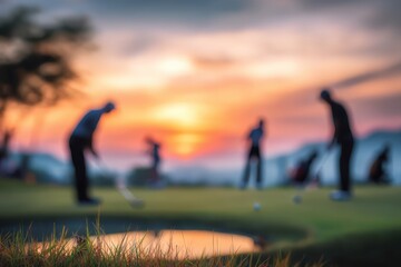 Golfers practice putting as the sun sets over the course, creating a vibrant evening atmosphere perfect for honing skills in the fading light