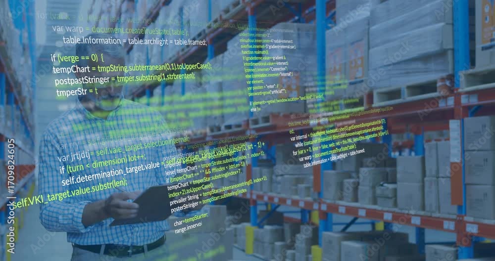 Poster inventory inspector scanning labels in warehouse aisle and activating ar panels loading data