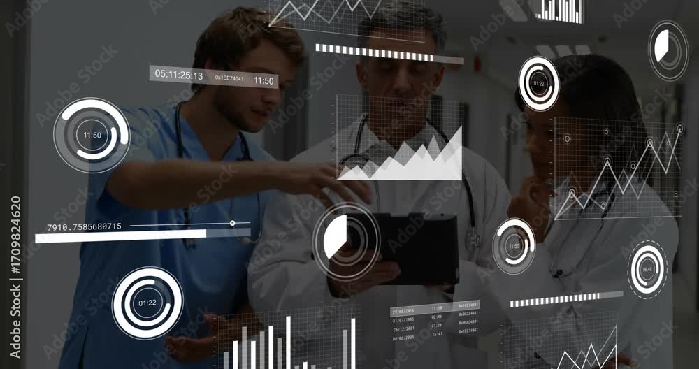 Poster medical team leaning toward tablet while pointing at real time patient data floating graphs pulsing