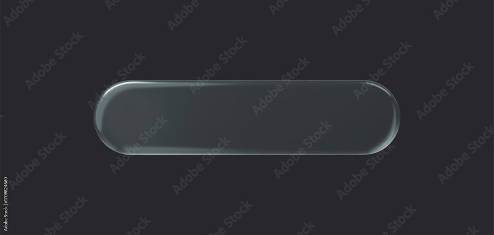 Poster glass rounded rectangle transparent button on dark background. 3d vector realistic ui icon.