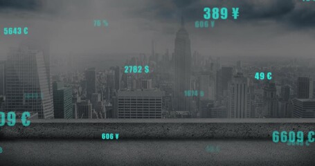 Opening fading teal currency figures drifting symbols showing shifts over rooftop ledge skyline - Powered by Adobe