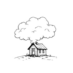 Whimsical single dwelling drawing, outlined cloud above, isolated simplicity and rural tranquility