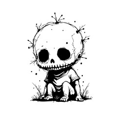 Whimsical skeletal character in a seated position, a monochrome illustration for imaginative