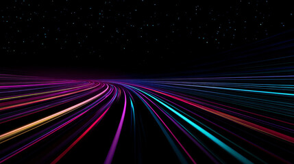 Abstract image of speed motion on the road. Neon color glowing lines background, high-speed light trails effect. Modern abstract high-speed light motion effect on black background.