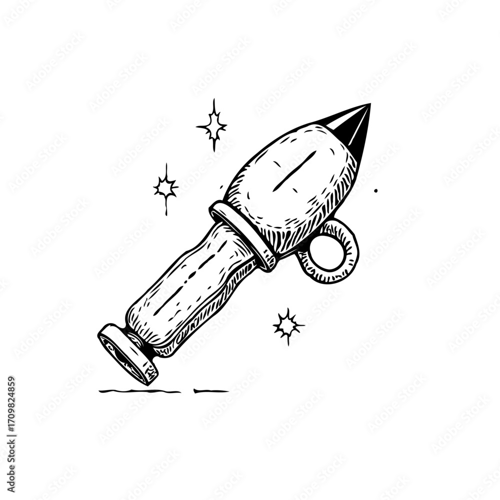 Poster whimsical sketch of an imaginative rocket ship with celestial sparkle and playful design for