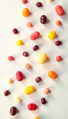 Vibrant jellybeans scattered on pristine white , vibrant, studio shot, sugar