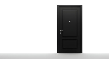 A black door with a silver handle and peephole stands against a white backdrop