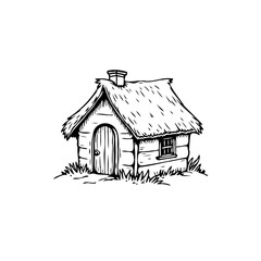 Whimsical thatched cottage drawing evoking rural simplicity, rustic charm and storybook