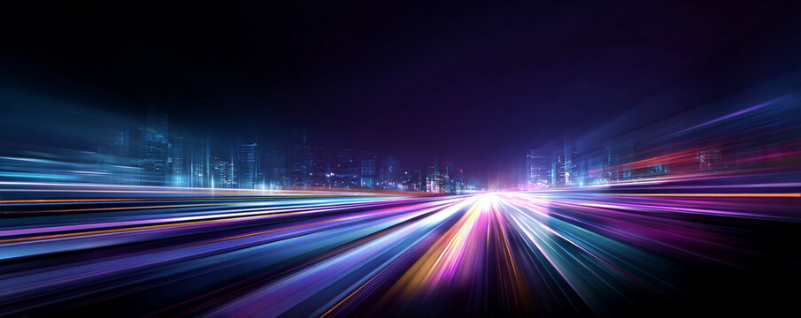 Digital landscape with fast-moving lines across a futuristic city grid. Reflects high-speed data flow, AI systems, and smart infrastructure. Perfect for sci-fi or tech designs.