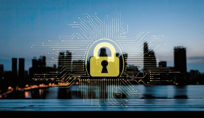 City skyline, padlock, circuit board overlay
