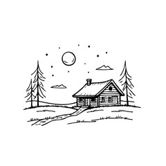 Whimsical woodland retreat a cozy cabin under the moonlight surrounded by towering evergreens