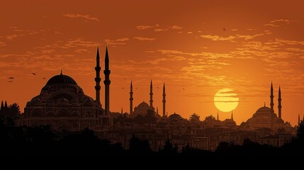 Sunset view over Istanbul with silhouettes of mosques and minarets, golden sky.