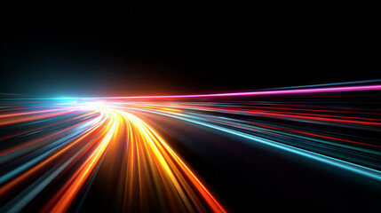 Abstract image of speed motion on the road. Neon color glowing lines background, high-speed light...