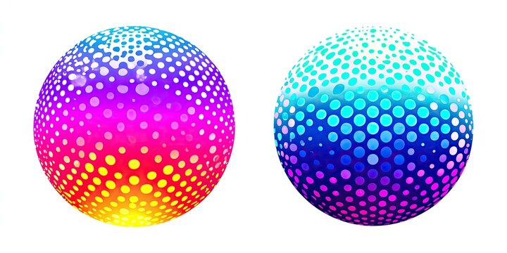 Two vibrant, multicolored, spherical shapes with a dotted pattern