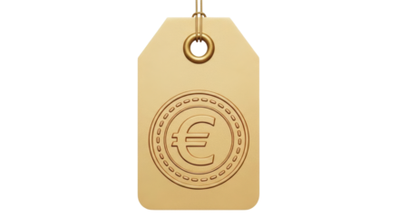 Isolated golden price tag with Euro symbol for value, sale or discount, currency and money