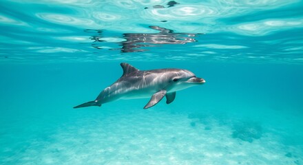 Gracieuze dolfijn zwemt sierlijk door helder turquoise water. AI Generated