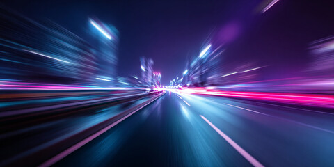 Curved highway glowing with red and blue light trails at night, symbolizing high-speed travel and futuristic motion. The dark background contrasts with neon lights creating a vibrant visual effect. Pe