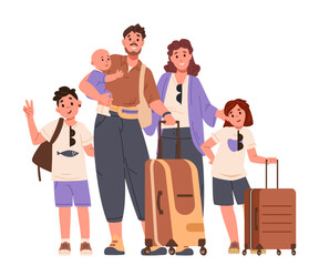 Happy family with three kids standing with suitcases going on vacation flat vector illustration isolated on white.