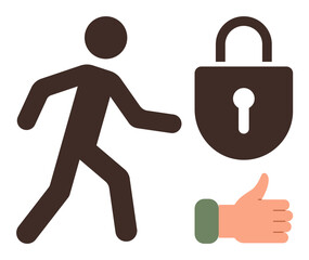Abstract person walking forward, padlock symbolizing security, and thumbs-up hand denoting approval. Ideal for freedom, safety, privacy, access, endorsement trust and protection concepts. Simple