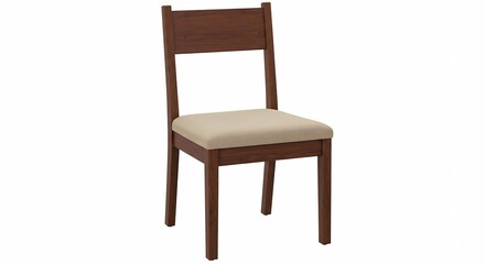 Eenvoudige houten eetkamerstoel beige zitkussen zacht licht. AI Generated