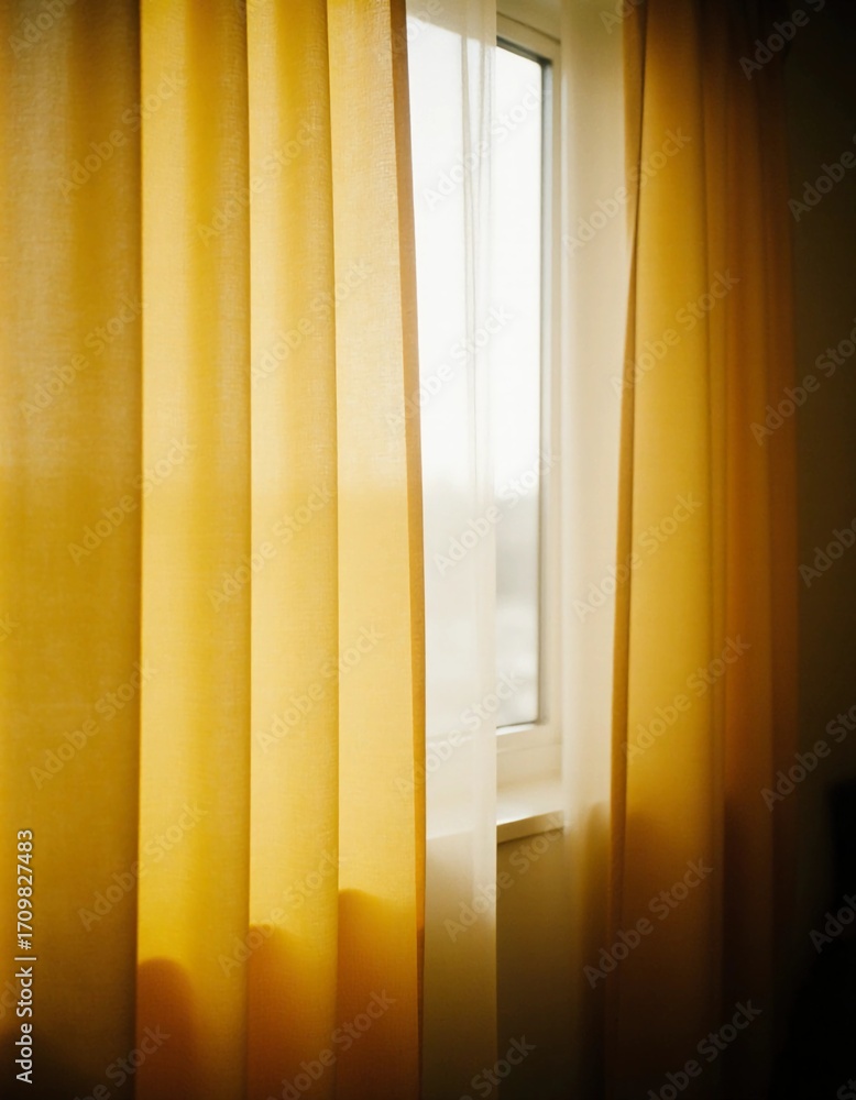 Poster bright yellow curtains drape elegantly by a window, softly filtering golden sunlight into the room i