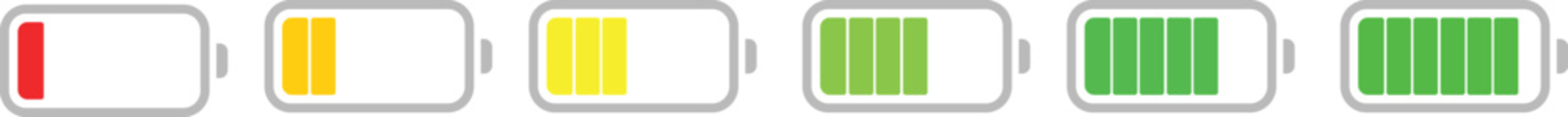 Battery charge indicator icon set in colorful style. Phone charge showing percentage level_0%, 20%, 40%, 60%, 80%, and 100%. Discharged and fully charged battery level from 0 to 100 percent.