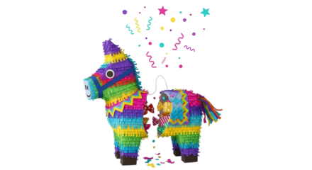 Isolated colorful donkey piñata with candy spilling out during a fiesta, fun and party time