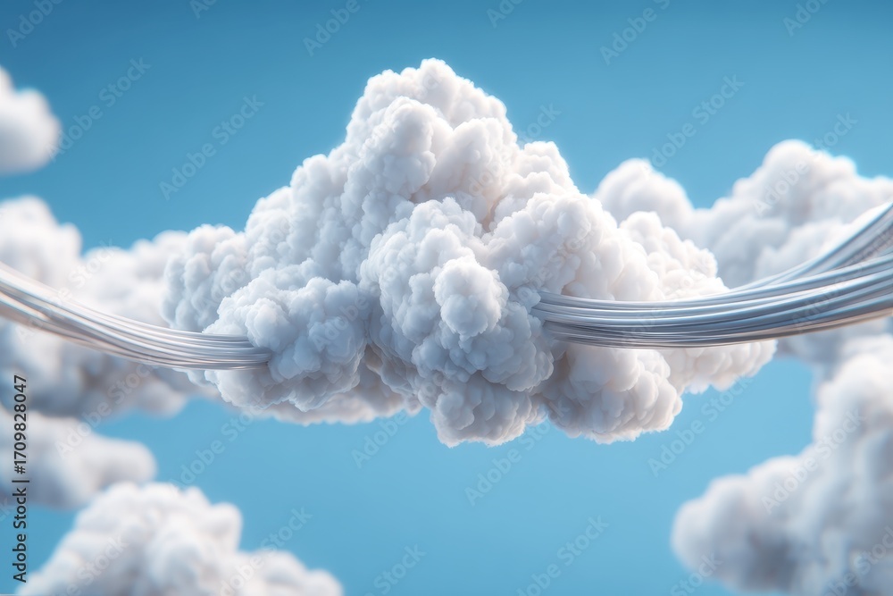Poster exploring the concept of cloud computing technology with interconnected clouds and data connections 