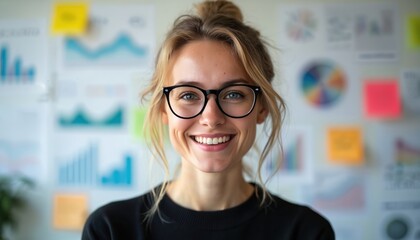 Smiling young European woman, scholar, scientist in office. Cheerful scientist stands before data analysis board with charts, graphs. Intelligent woman wears glasses, casual clothes. Represents