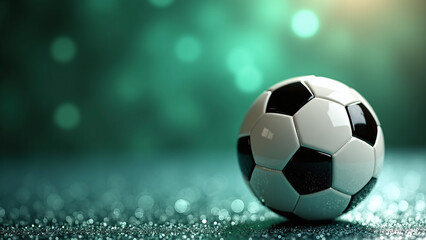 Fototapeta premium Classic soccer ball glows on textured ground—green bokeh backdrop evokes global sport with soft focus. 