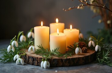 Imbolc celebration with four candles alight, surrounded by snowdrops, green plants, pinecones on wooden slice. Warm glowing light signifies winter transitioning to spring, representing rebirth, hope.