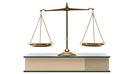 Isolated scales of justice on a law book, symbolizing law, justice, legal system and balance
