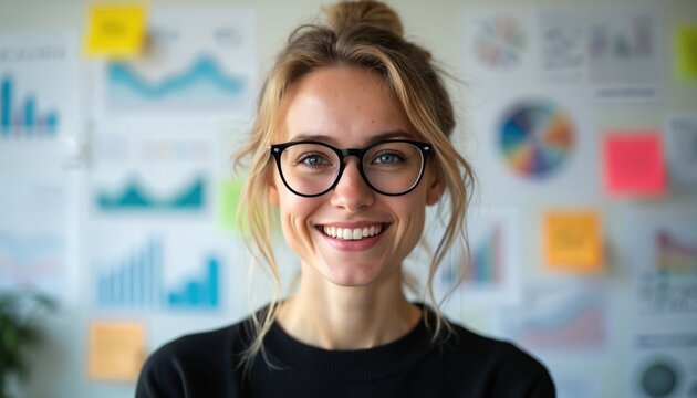Smiling young European woman, scholar, scientist in office. Cheerful scientist stands before data analysis board with charts, graphs. Intelligent woman wears glasses, casual clothes. Represents
