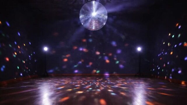 Interior with disco ball spotlights and colorful light reflections on floor and walls