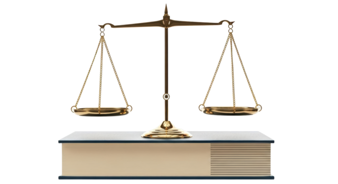 Isolated scales of justice on a law book, symbolizing law, justice, legal system and balance